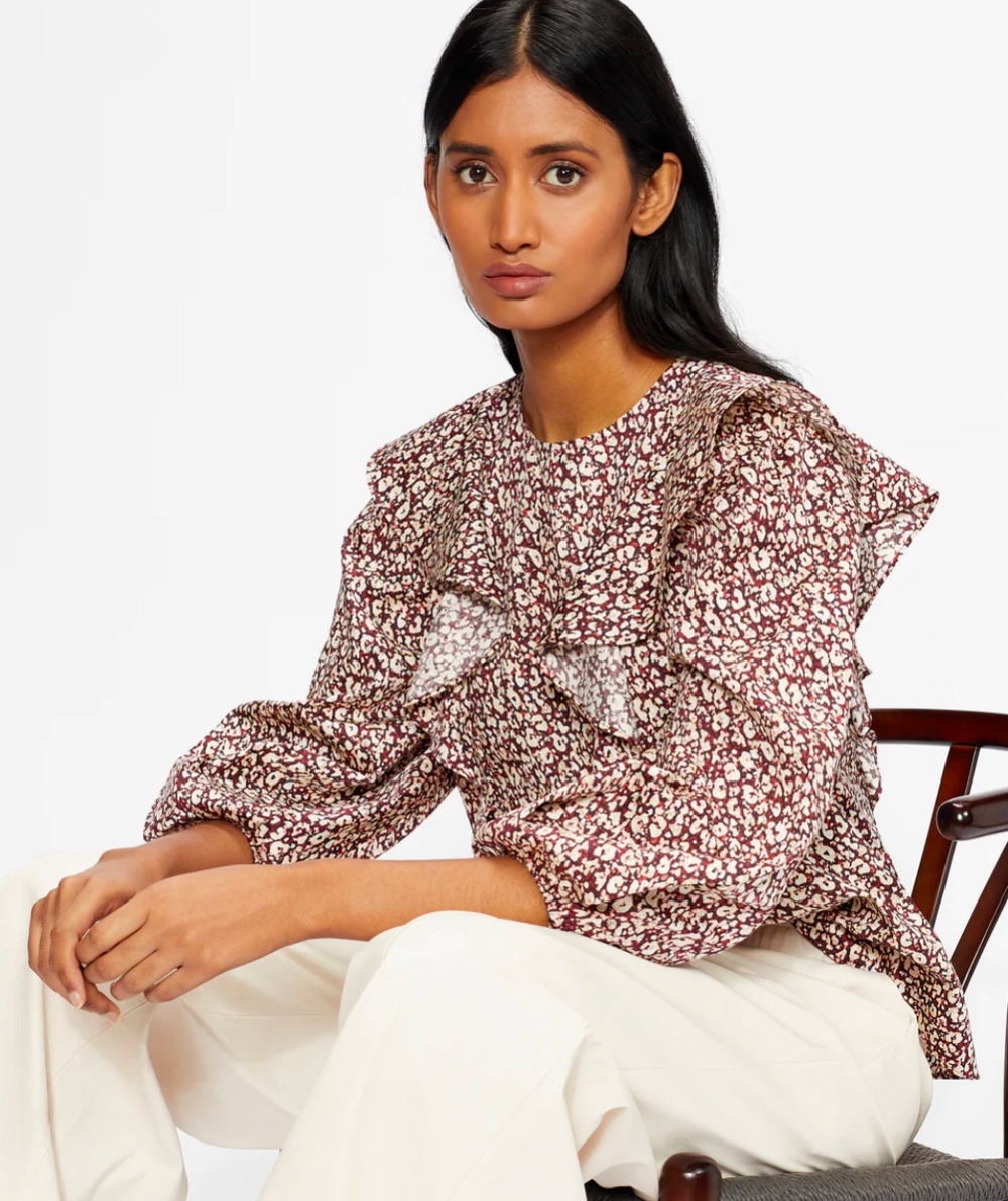 NWT Ted Baker London Sanjaa Floral Ruffle Cotton Long Sleeve Blouse, size 0/US 2